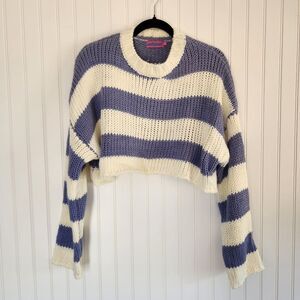 EDIKTED Blue Cream Acrylic Striped Open Knit Cropped Sweater XS/S